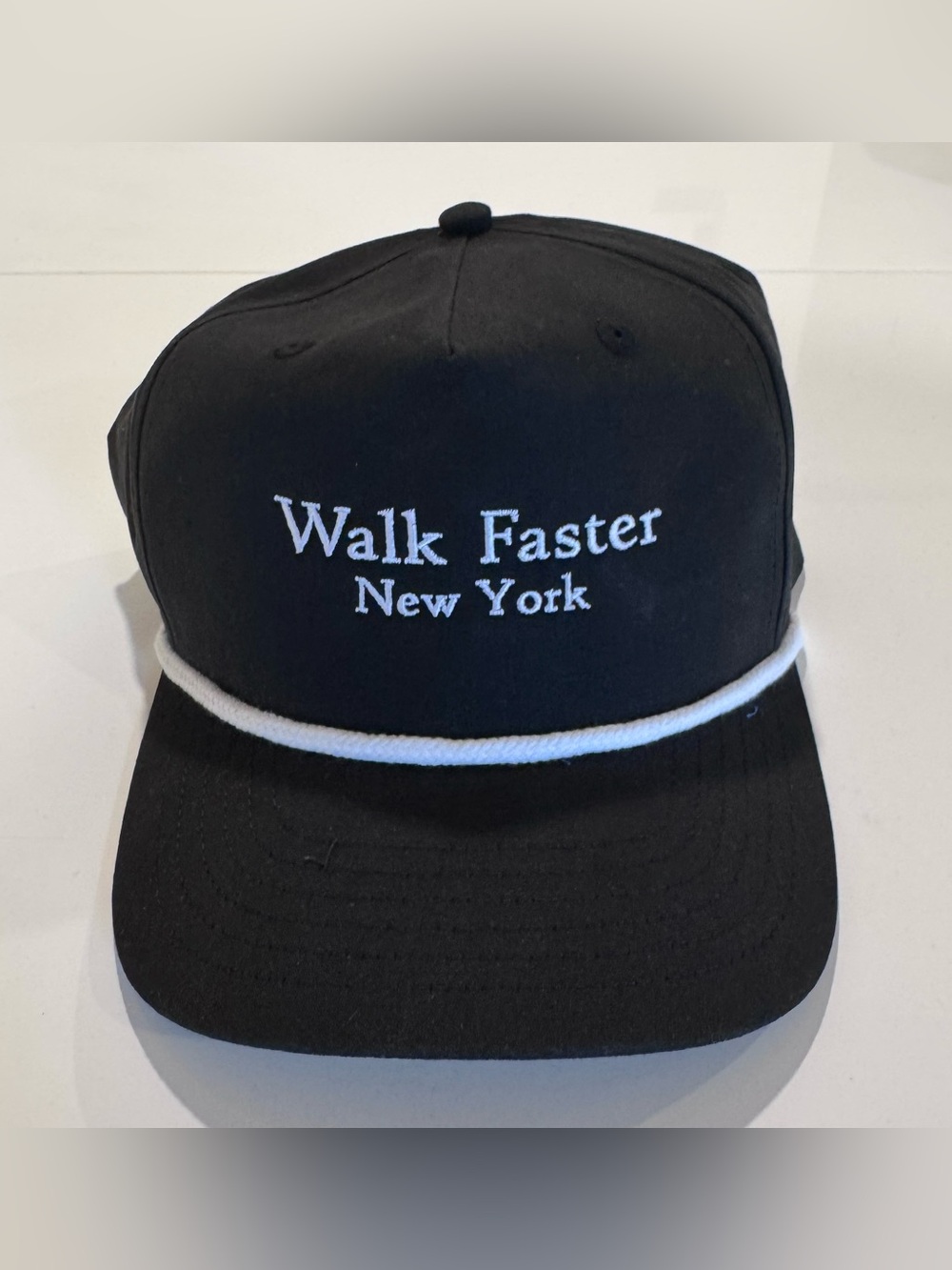Black Baseball Cap with White Rope Trim - Walk faster New York Embroidery